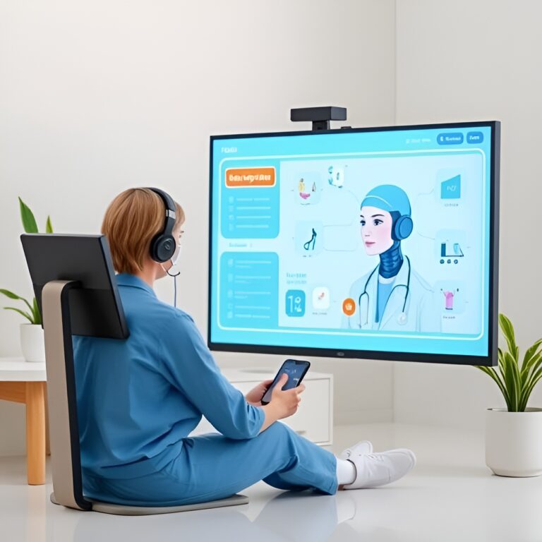 Woman consulting a dentist online through AI-powered teledentistry platform on her computer.