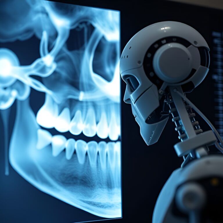Artificial intelligence system analyzing dental X-rays to detect cavities and bone loss.