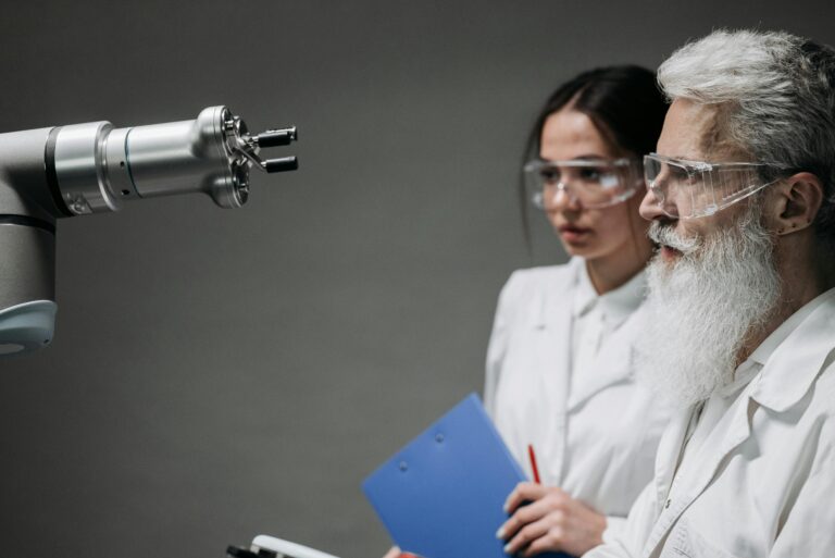 Male and female dentists using a robotic AI assistant in a modern dental clinic.
