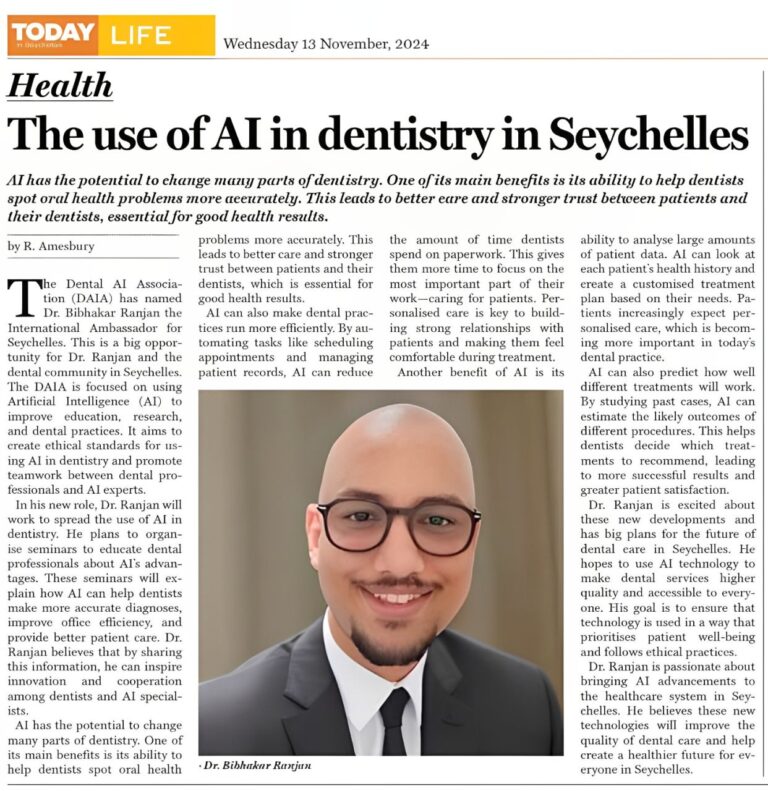 News feature on Dr. Bibhakar Ranjan's role in advancing Artificial intelligence in dentistry in Seychelles.