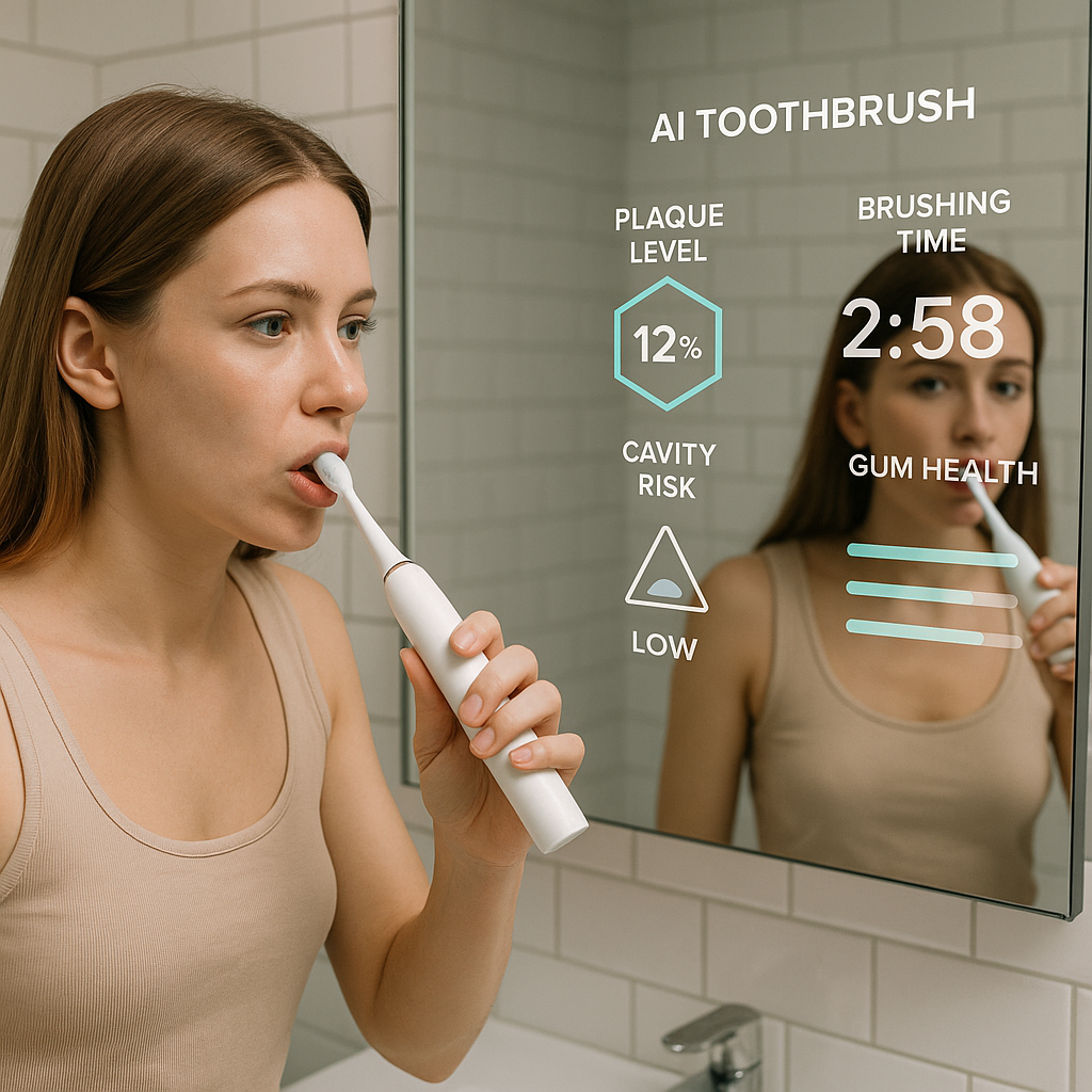 A woman brushing his teeth with an AI toothbrush in a modern bathroom with AI-generated oral health stats displayed on the mirror.