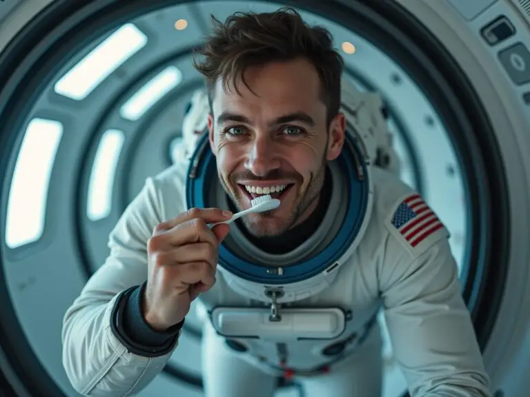 Astronaut brushing teeth in zero gravity aboard a spacecraft.