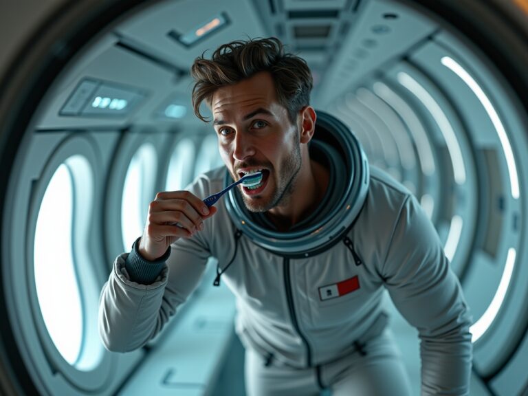 Astronaut brushing teeth with an AI assisted toothbrush in zero gravity aboard a spacecraft.