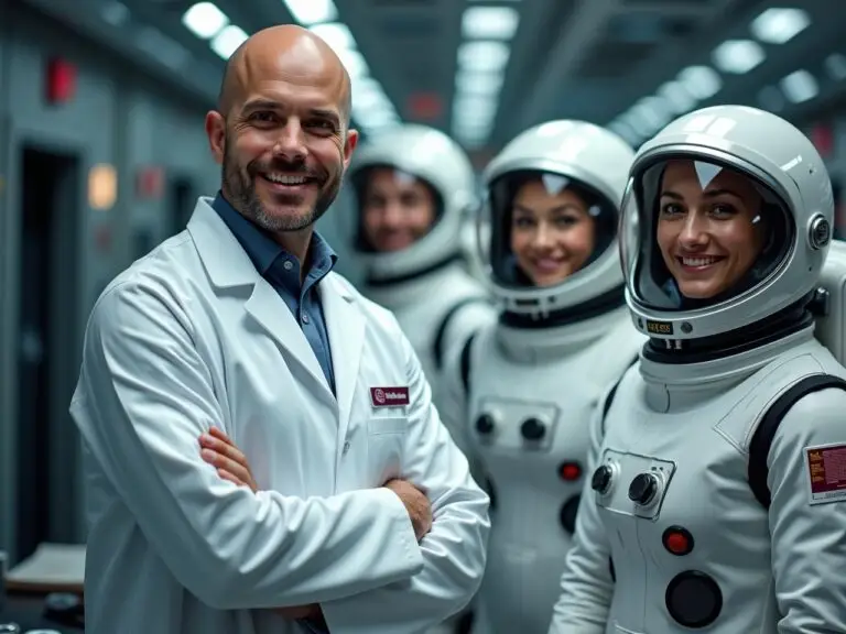 Dentist standing with female astronauts representing space health collaboration.