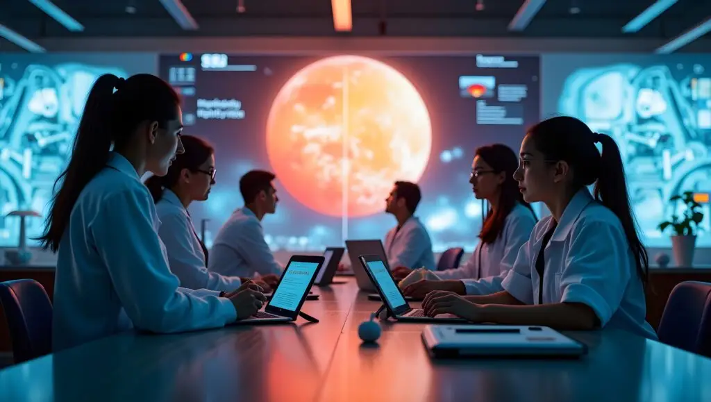 A futuristic editorial team collaborating inside a high-tech research lab, symbolizing innovation in oral health, AI, and space exploration.