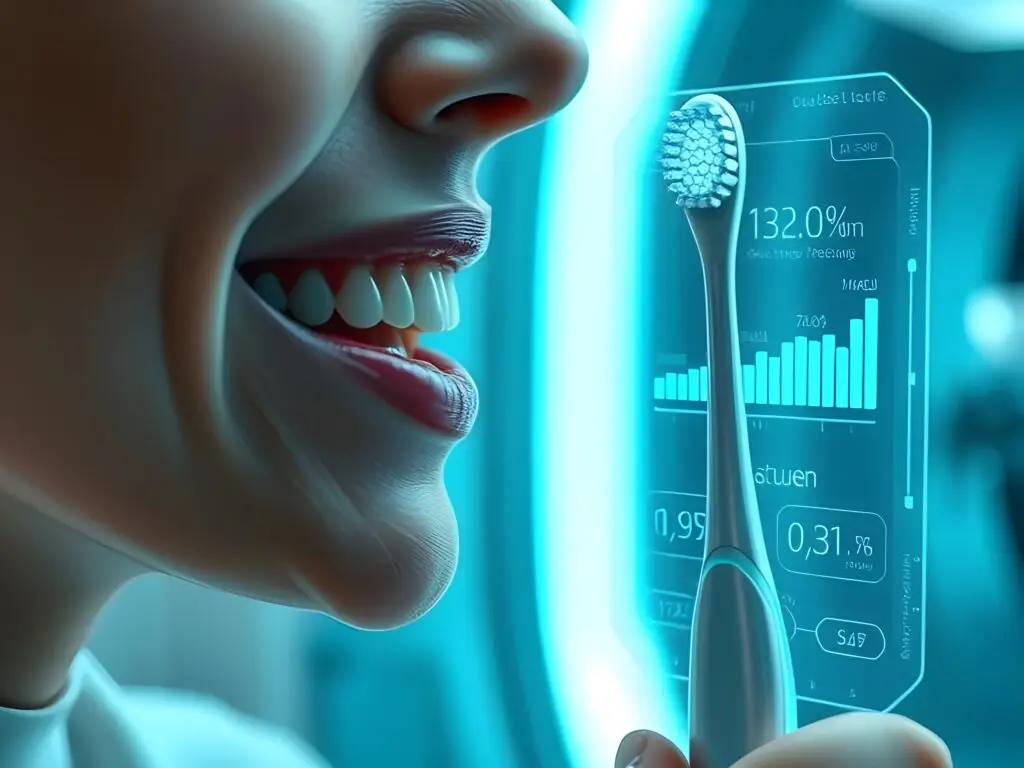 Woman using smart AI toothbrush for personalized oral hygiene.