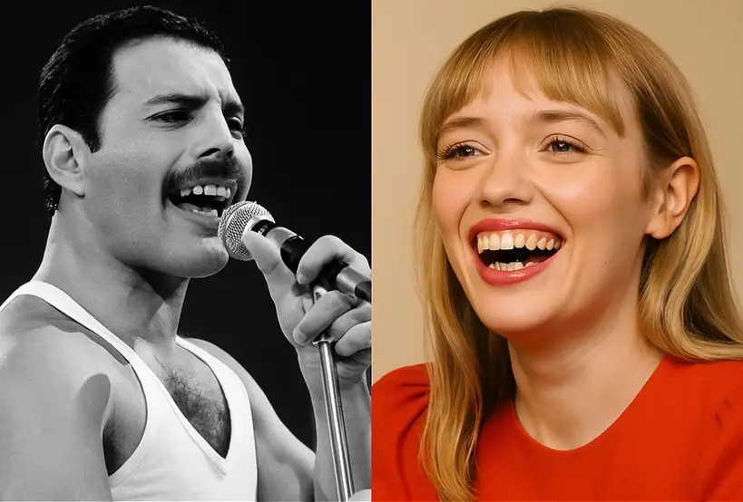 Freddie Mercury and Aimee Lou Wood, both known for their unique dental features that later became defining parts of their iconic smiles.
