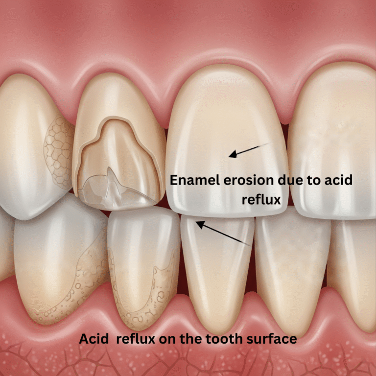 Medical illustration showing severe dental enamel erosion, likely from acid reflux, which can be a side effect for some individuals using Wegovy, impacting overall oral health.