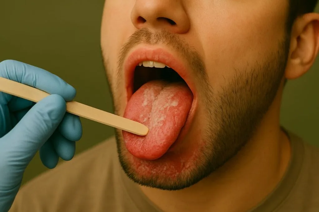 A clinical close-up of an adult's open mouth showing visible inflammation on the tongue and inner cheeks, illustrating symptoms associated with COVID-related oral conditions.
