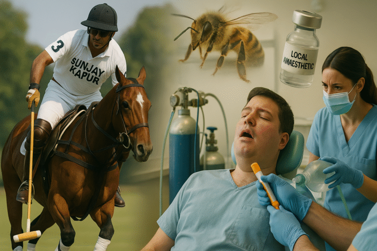 Image showing Sunjay Kapur playing polo on horseback, alongside a medical scene of a patient experiencing anaphylactic shock being treated by a doctor. A bee and a vial of local anesthetic are subtly included to represent potential causes of the allergic reaction.