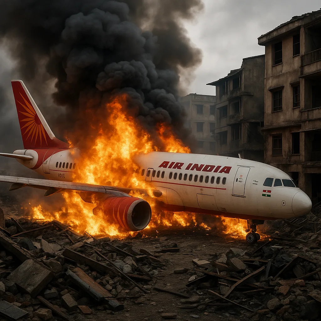 A realistic scene showing the aftermath of the Air India Flight 171 crash in a residential neighborhood, with visible flames, thick smoke, and damaged buildings.