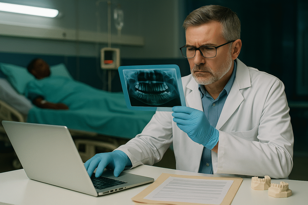 A forensic dentist examines a large dental X-ray (OPG) and dental cast molds in a hospital lab, working to identify disaster victims of AI-171 flight crash with teeth.