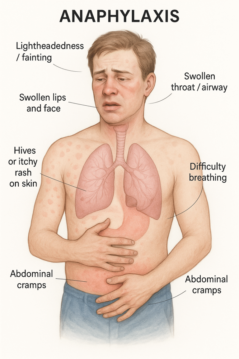 Medical illustration showing physical symptoms of anaphylaxis, created in context of Sunjay Kapur’s death due to a severe allergic reaction during a polo match.