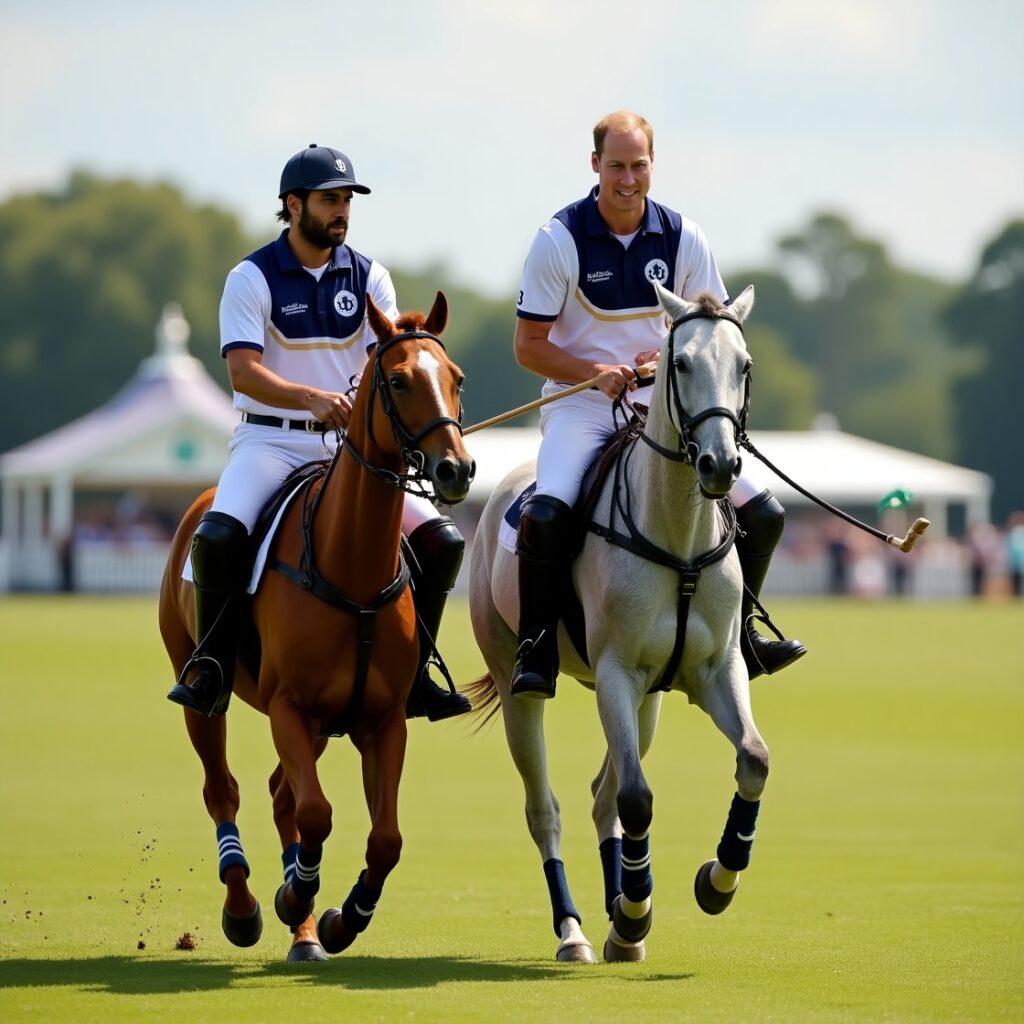 Sunjay Kapur and Prince William riding horses during a polo match on a grassy field