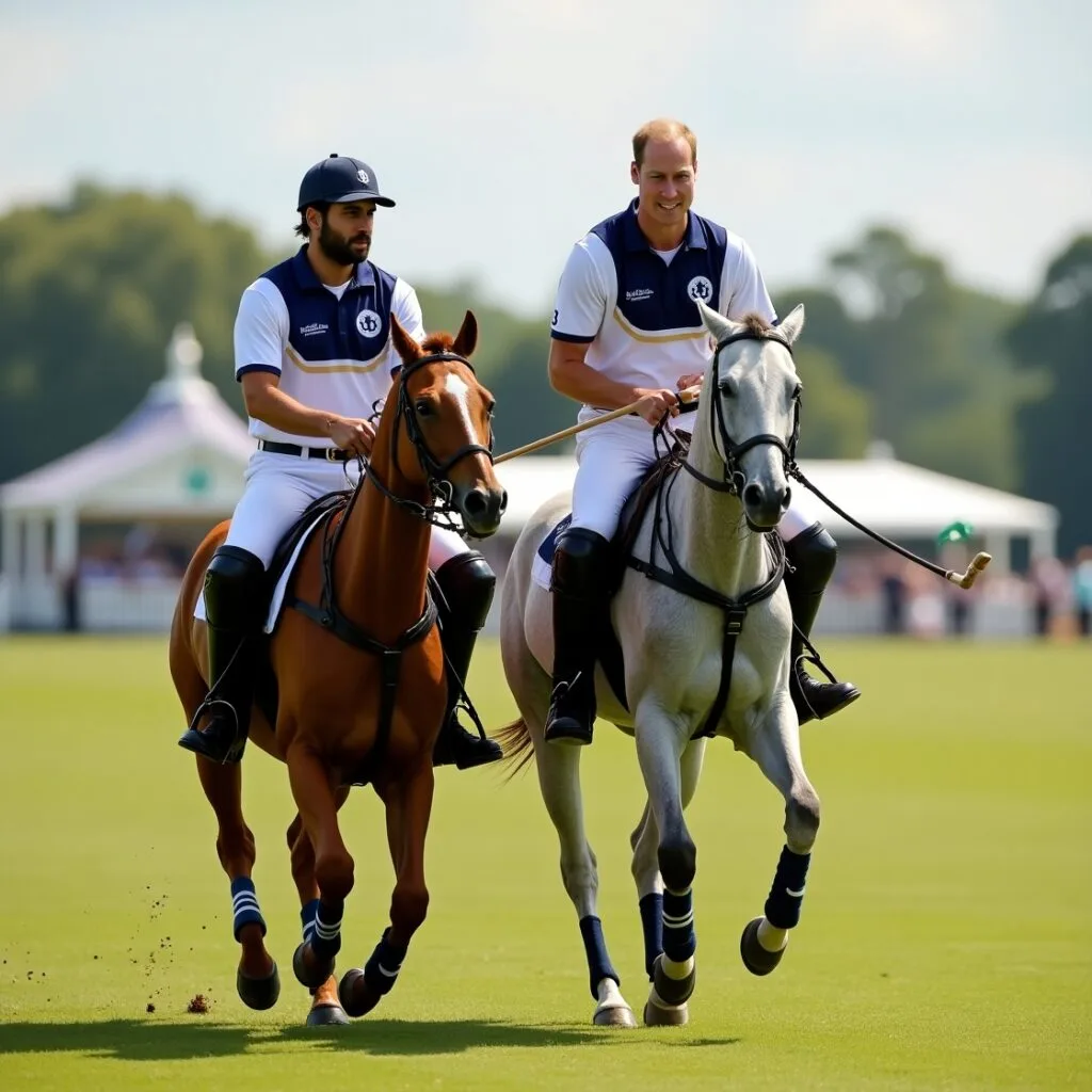Sunjay Kapur and Prince William riding horses during a polo match on a grassy field