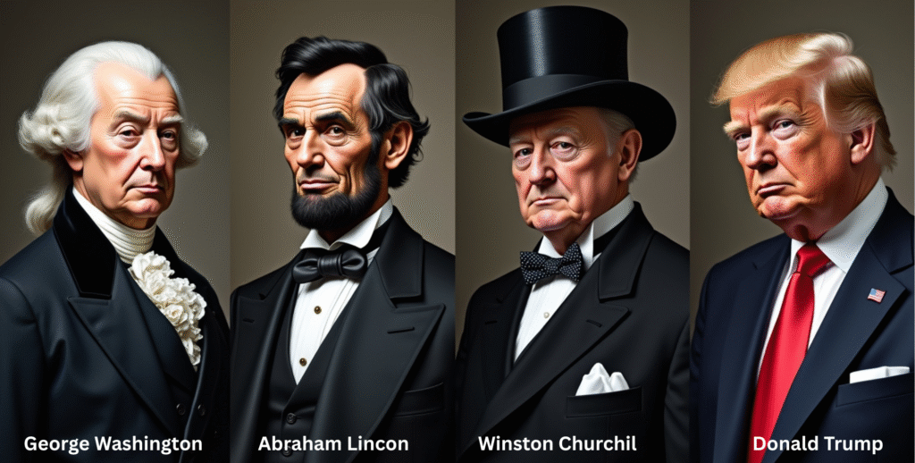 Realistic side-by-side portrait of famous leaders who wore dentures, including George Washington, Abraham Lincoln, Winston Churchill, and Donald Trump, each shown from the shoulders up in formal attire against a neutral background.
