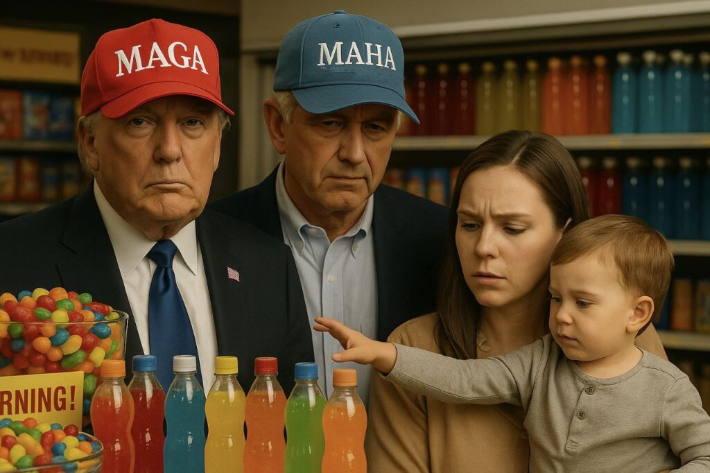 Donald Trump and RFK Jr. stand in a grocery store aisle as a mother holds her child reaching for colorful snacks—highlighting public concern over artificial food dyes and oral health risks