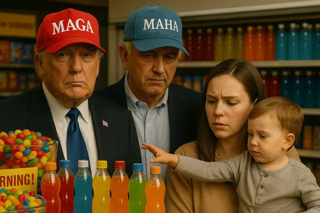 Donald Trump and RFK Jr. stand in a grocery store aisle as a mother holds her child reaching for colorful snacks—highlighting public concern over artificial food dyes and oral health risks