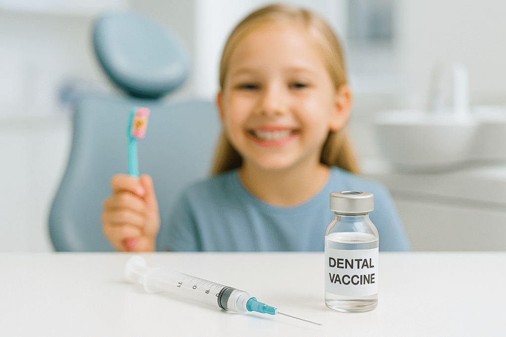 Smiling young girl holding a toothbrush in a dental clinic with a syringe and dental vaccine vial in the foreground