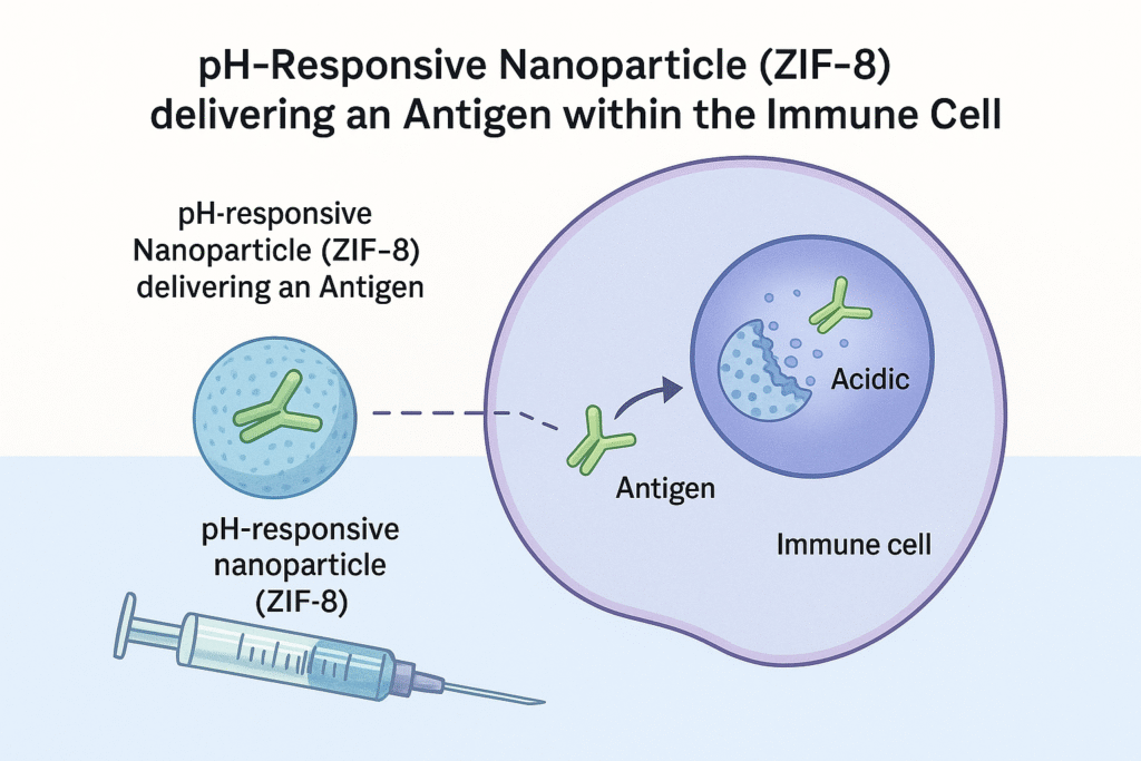 Scientific illustration of a ZIF-8 nanoparticle releasing an antigen inside an immune cell in response to an acidic environment