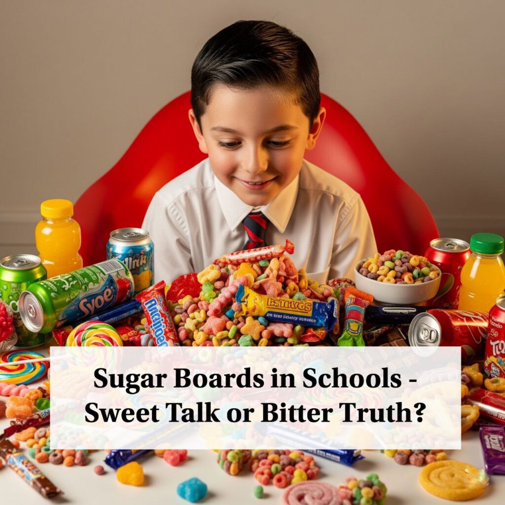 Young Indian-School boy sitting in front of a large pile of colorful sugary junk food and drinks, highlights why india's sugar boards aren't enough to curb sugar consumption