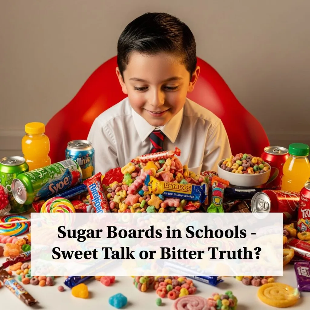 Young Indian-School boy sitting in front of a large pile of colorful sugary junk food and drinks, highlights why india's sugar boards aren't enough to curb sugar consumption