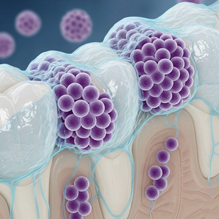 A highly magnified, 3D medical illustration of Streptococcus mutans bacteria, appearing as purple spheres, colonizing the surface of tooth enamel. The bacteria are clustered together and enveloped in a translucent biofilm.