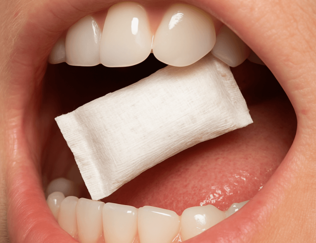 ChatGPT Image Jul 5, 2025, 08_13_37 PM Close-up of an open mouth holding a nicotine pouch between the front teeth.